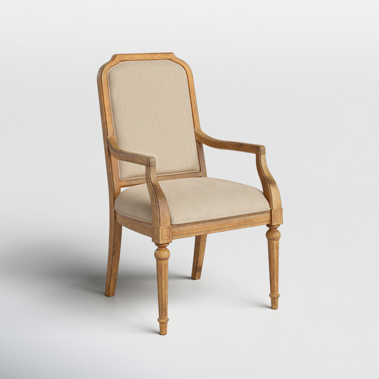Beige Linen Upholstered Arm Chair with Wooden Legs
