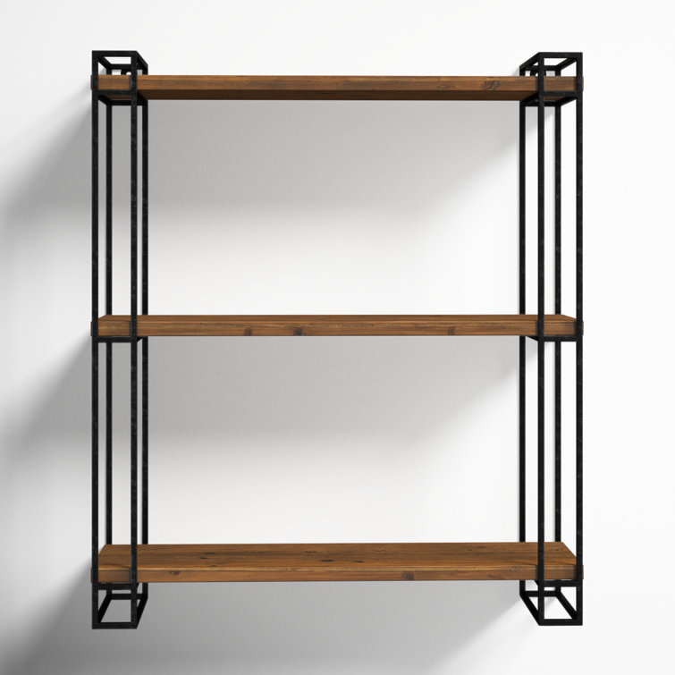 Rustic Black Metal and Wood 26''x30.5'' Floating Wall Shelf