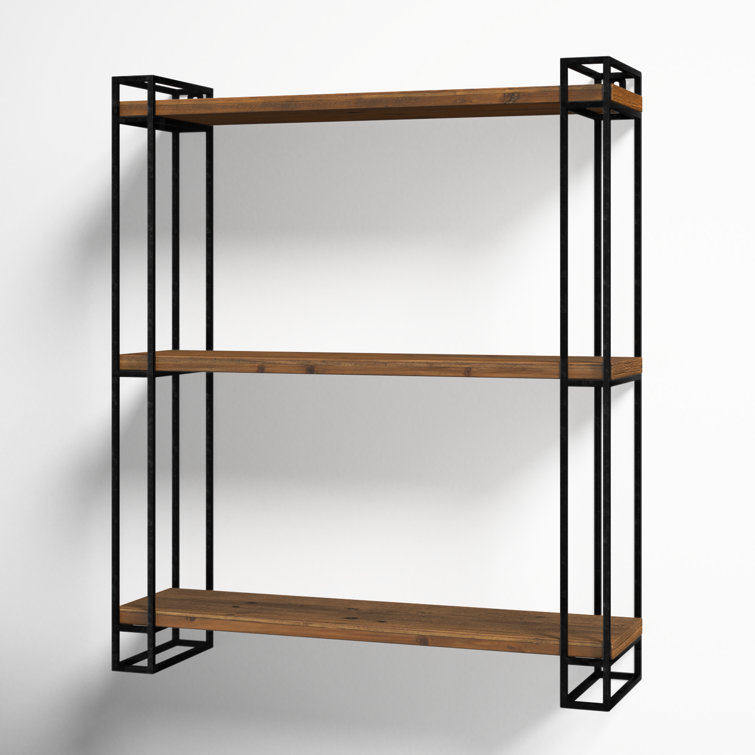 Rustic Black Metal and Wood 26''x30.5'' Floating Wall Shelf