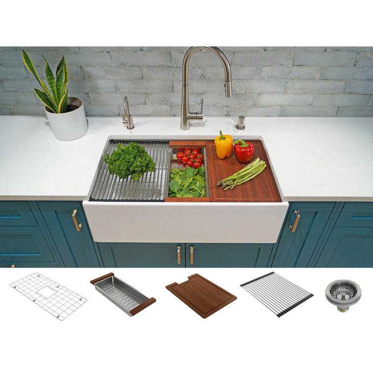 White Fireclay 33'' Apron-Front Kitchen Sink with Accessories