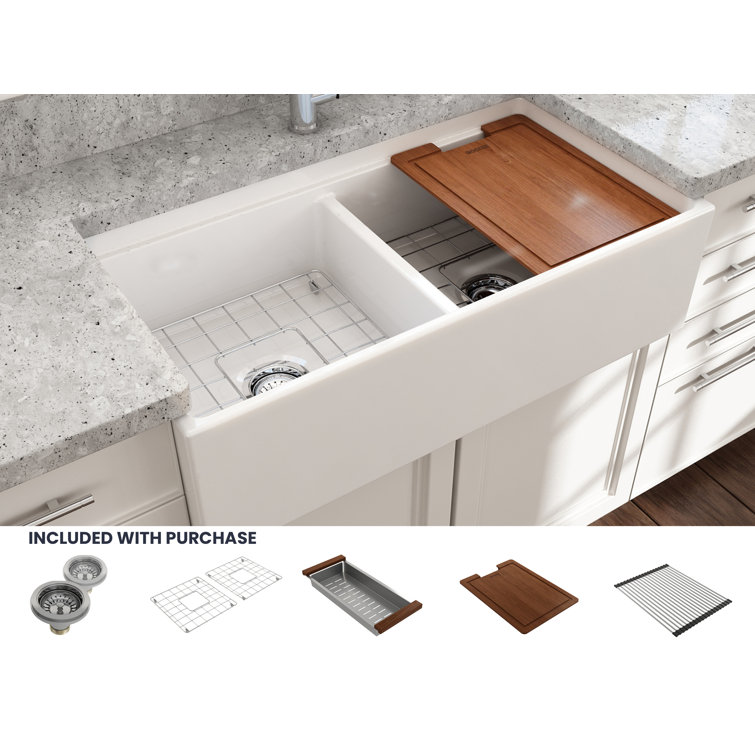 White Fireclay Double Bowl Farmhouse Apron Front Kitchen Sink with Accessories