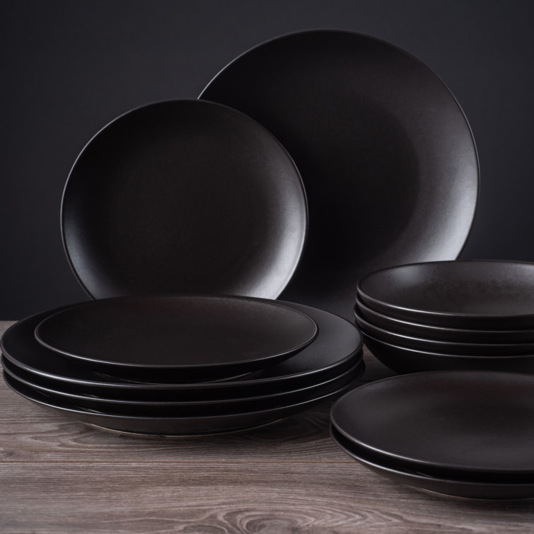 Black Matte 12-Piece Ceramic Dinnerware Set, Service for 4