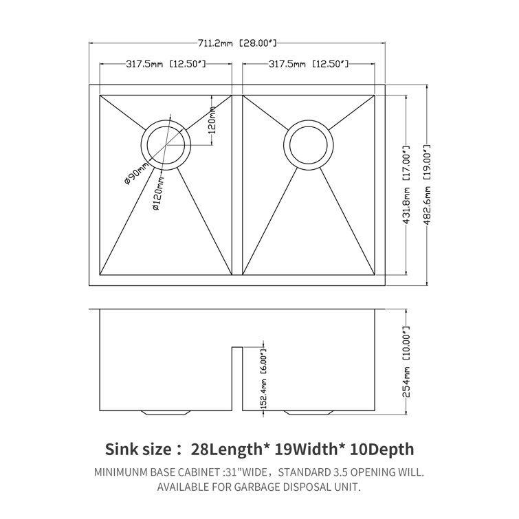 28'' Brushed Nickel Double Bowl Stainless Steel Undermount Kitchen Sink