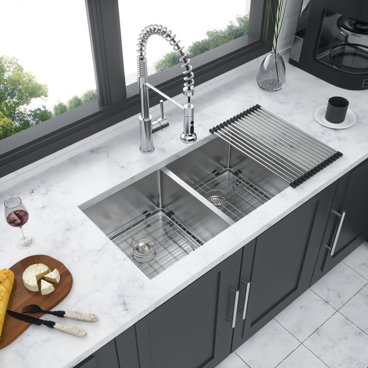 28'' Brushed Nickel Double Bowl Stainless Steel Undermount Kitchen Sink
