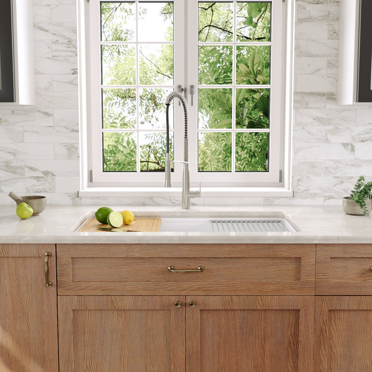 White Fireclay Farmhouse Drop-In Kitchen Sink with Accessories