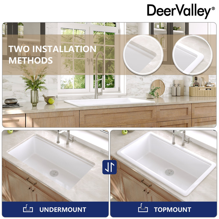 White Fireclay Farmhouse Drop-In Kitchen Sink with Accessories