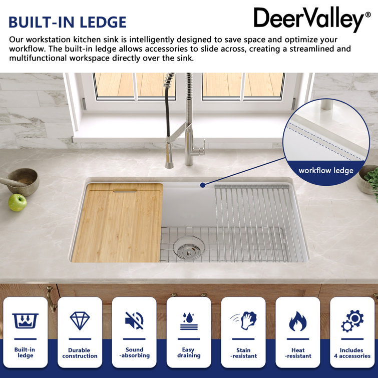 White Fireclay Farmhouse Drop-In Kitchen Sink with Accessories