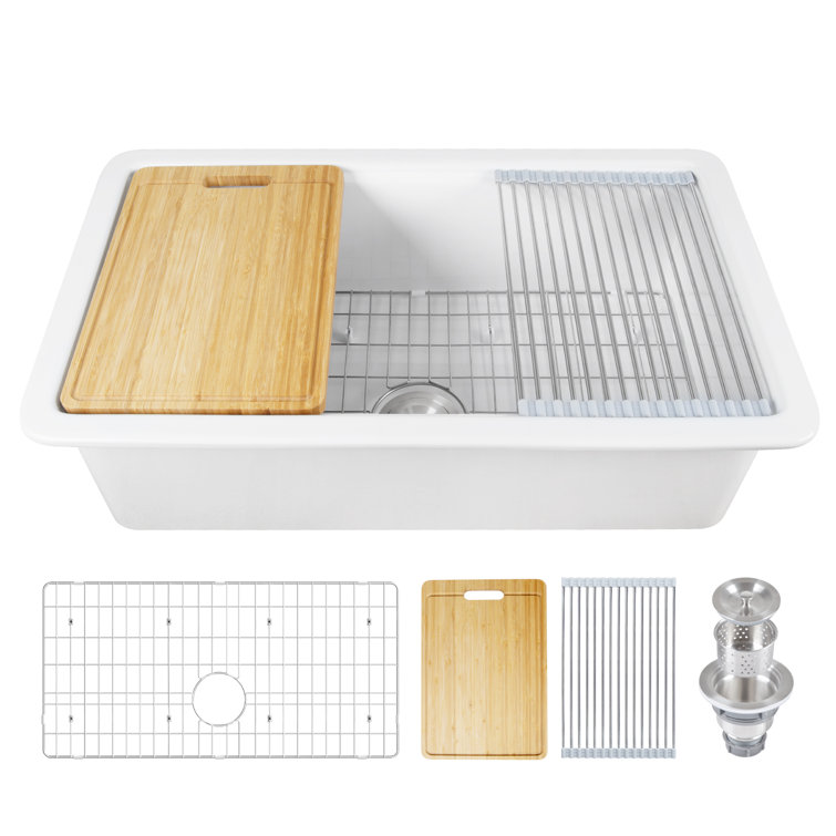 White Fireclay Farmhouse Drop-In Kitchen Sink with Accessories