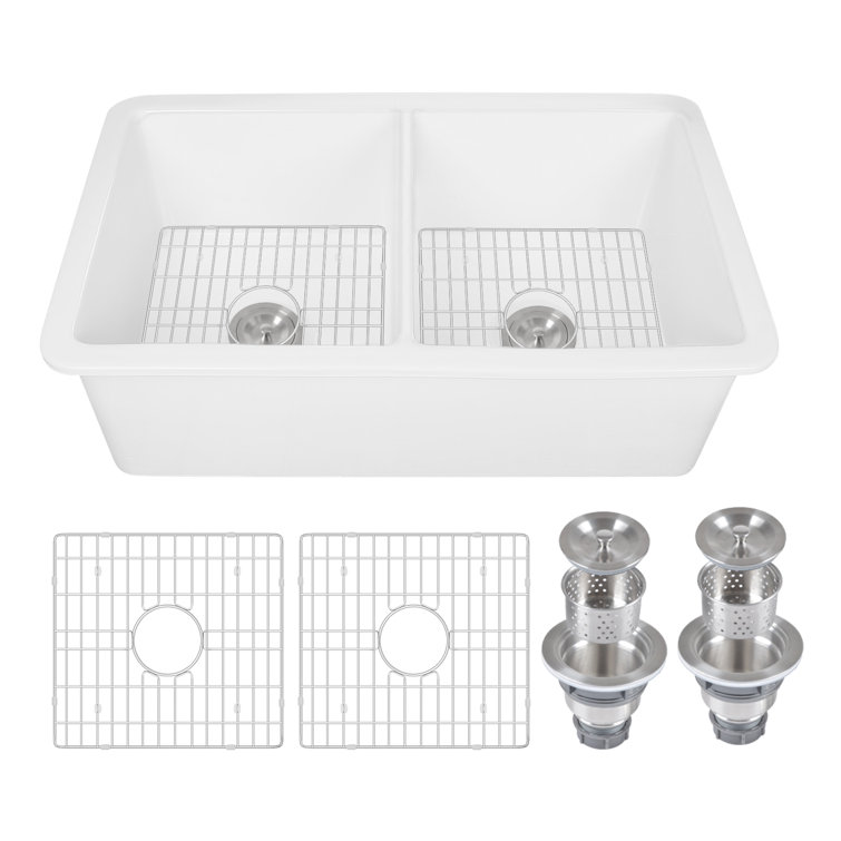 32" L Dual Mount 50/50 Double Bowl Undermount/Drop in Kitchen Sink with Basket Strainer and Sink Grid