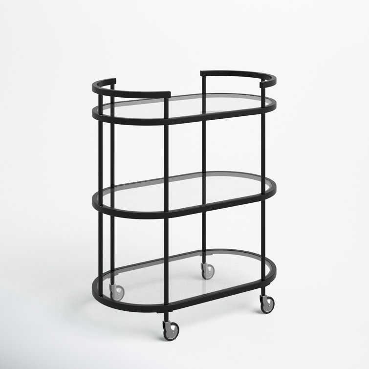 Blackened Bronze Oval Steel and Glass Bar Cart