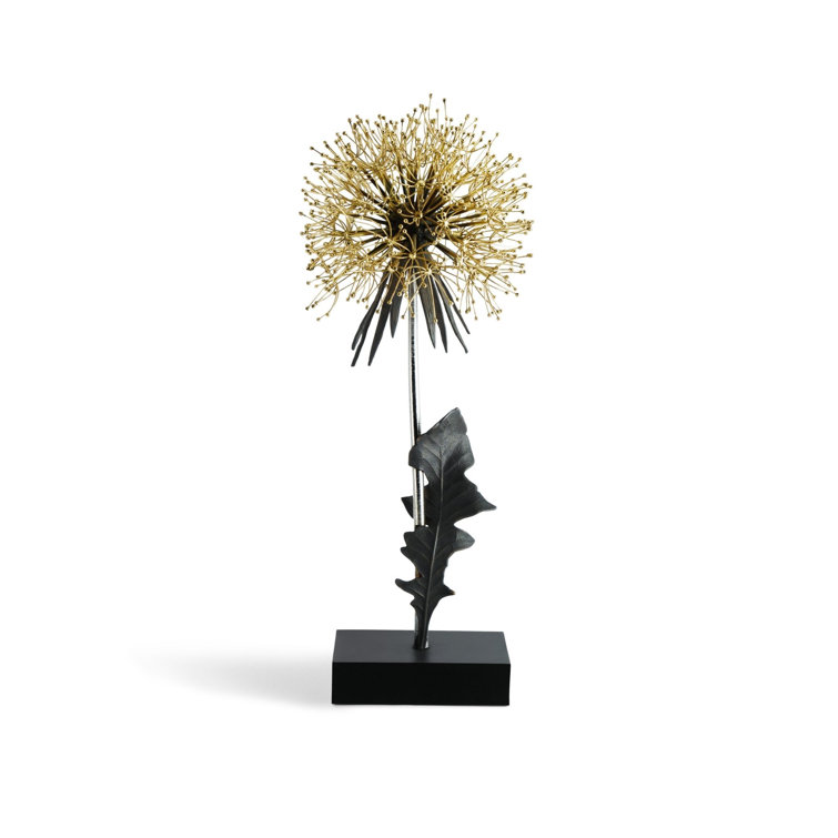 Gold and Black Metal Dandelion Sculpture with Crystal Accents