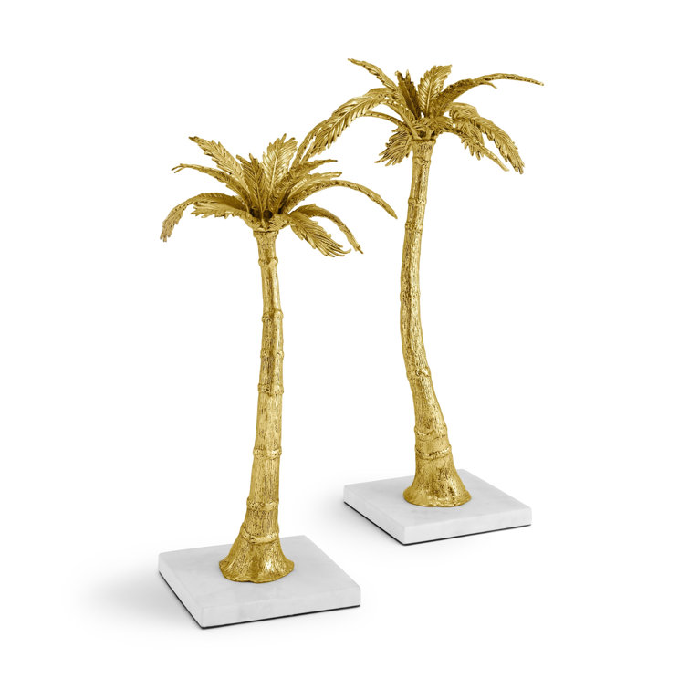 Antique Gold Palm Frond Candleholders Set with Marble Base