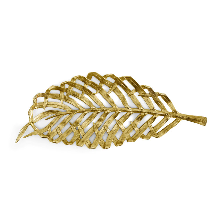 Antique Goldtone Handmade Metal Palm Leaf Centerpiece Platter