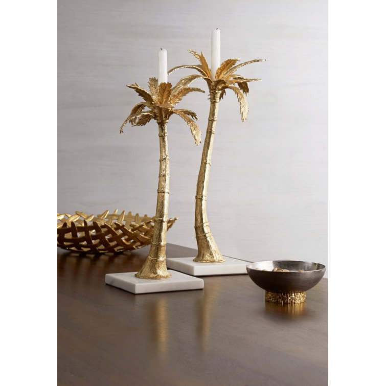 Antique Gold Palm Frond Candleholders Set with Marble Base