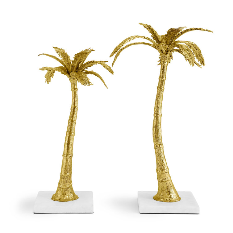 Antique Gold Palm Frond Candleholders Set with Marble Base