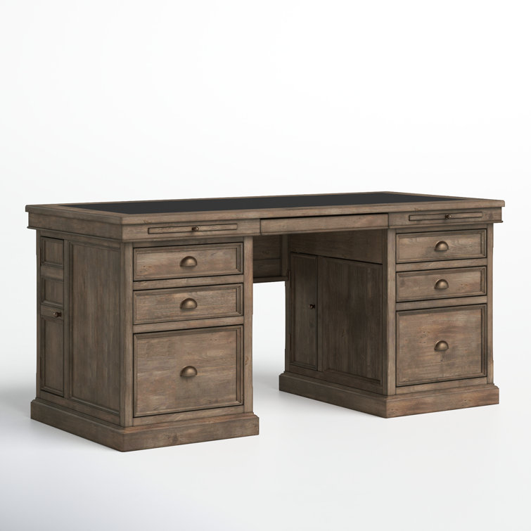 Brown Wood Executive Desk with Drawers and Filing Cabinet