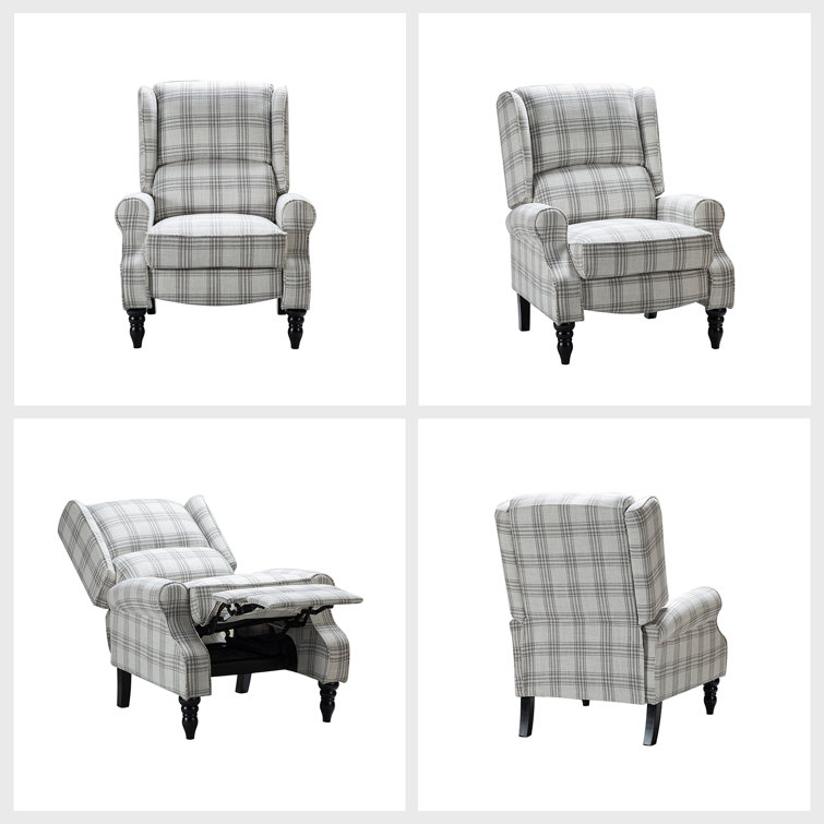 Plaid Gray Wingback Recliner with Manufactured Wood Frame