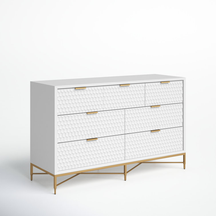 Transitional White Pearl 7-Drawer Dresser with Gold Accents