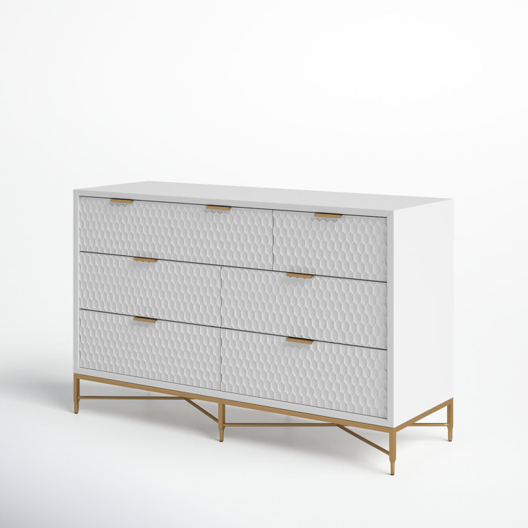 Transitional White Pearl 7-Drawer Dresser with Gold Accents