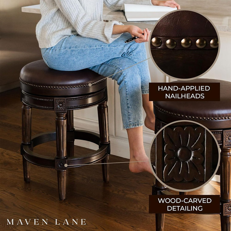 Dark Walnut Backless Swivel Bar Stool with Leather Seat