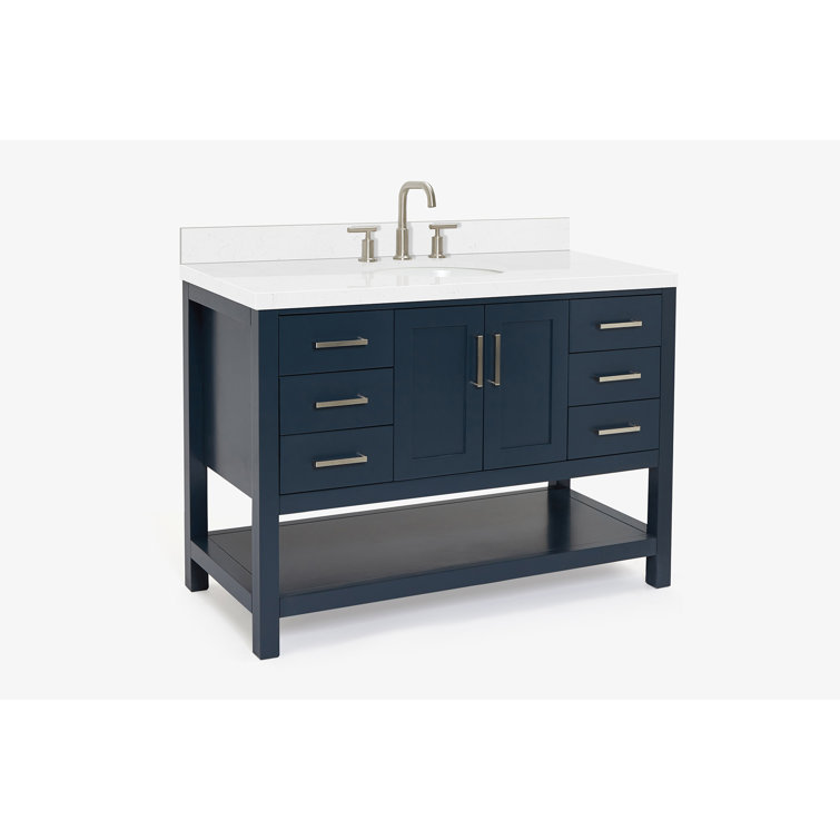 Midnight Blue Solid Wood Freestanding Single Bathroom Vanity with Quartz Top