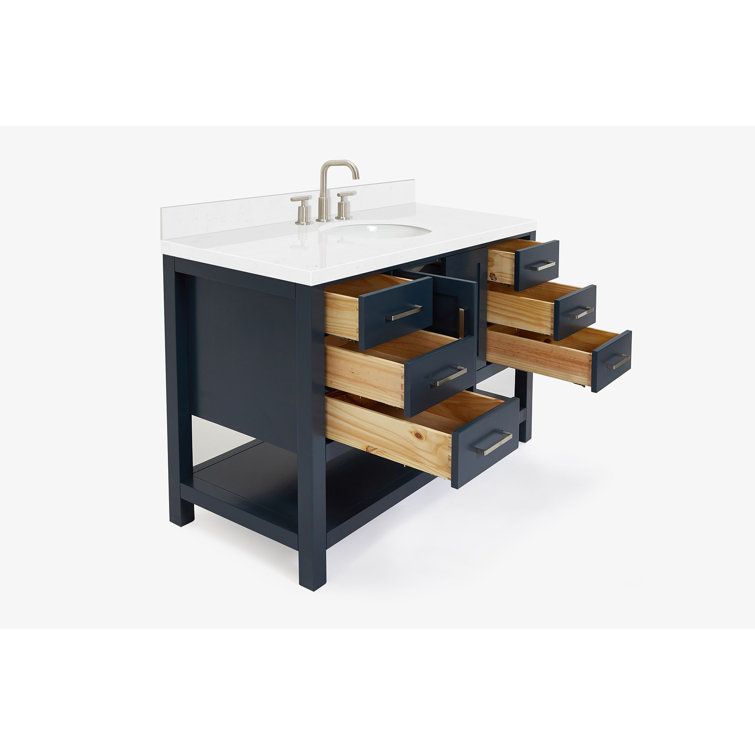 Midnight Blue Solid Wood Freestanding Single Bathroom Vanity with Quartz Top
