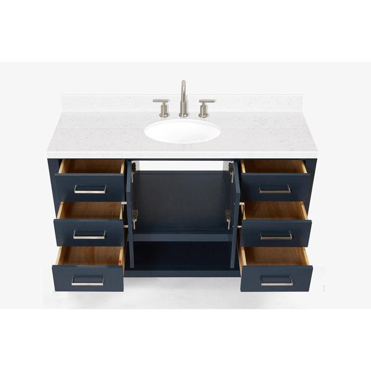 Midnight Blue Solid Wood Freestanding Single Bathroom Vanity with Quartz Top