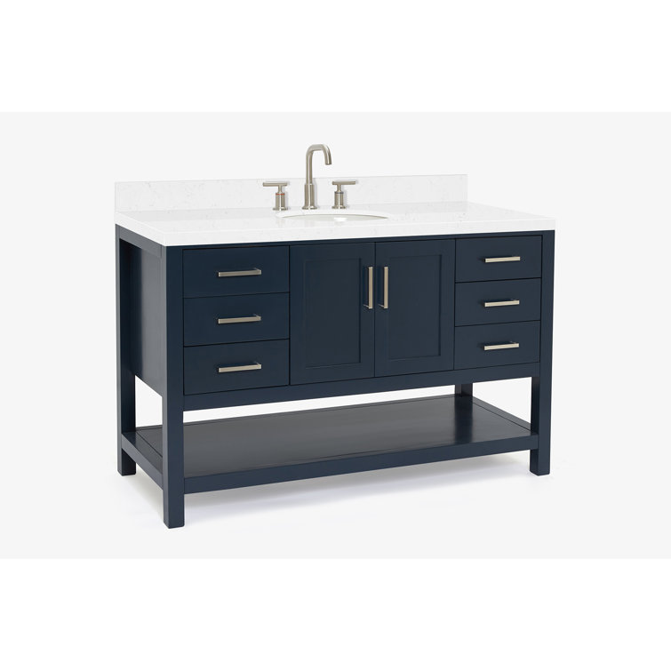 Midnight Blue Hardwood Single Bathroom Vanity with Carrara Quartz Top