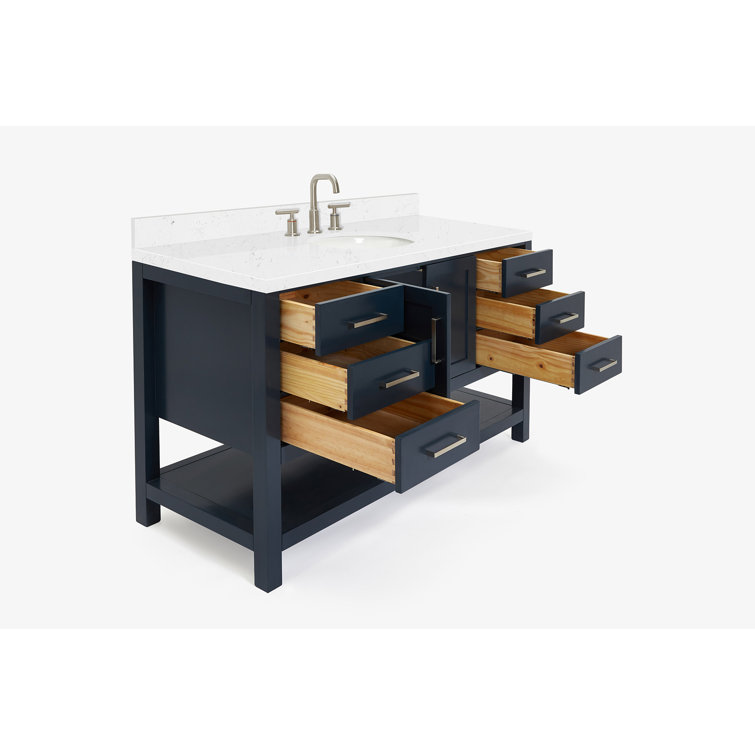 Midnight Blue Hardwood Single Bathroom Vanity with Carrara Quartz Top