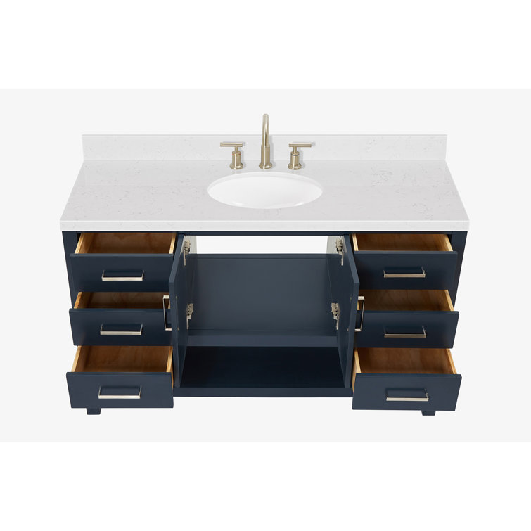 Midnight Blue Hardwood Single Bathroom Vanity with Carrara Quartz Top