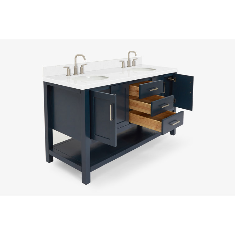 Midnight Blue Solid Wood Double Sink Freestanding Vanity with Quartz Top