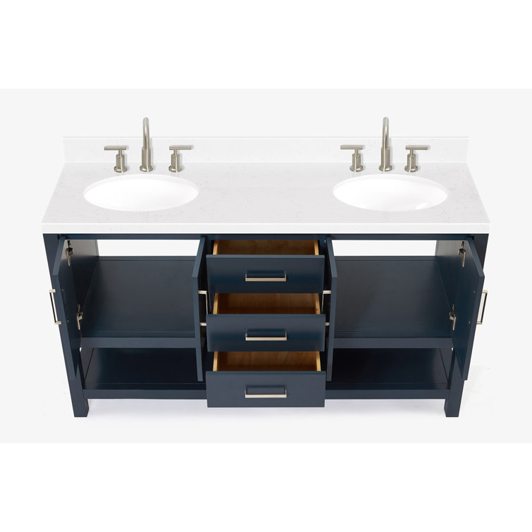 Midnight Blue Solid Wood Double Sink Freestanding Vanity with Quartz Top
