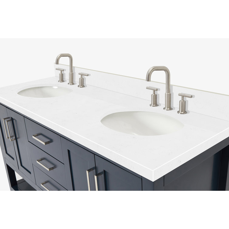 Midnight Blue Solid Wood Double Sink Freestanding Vanity with Quartz Top