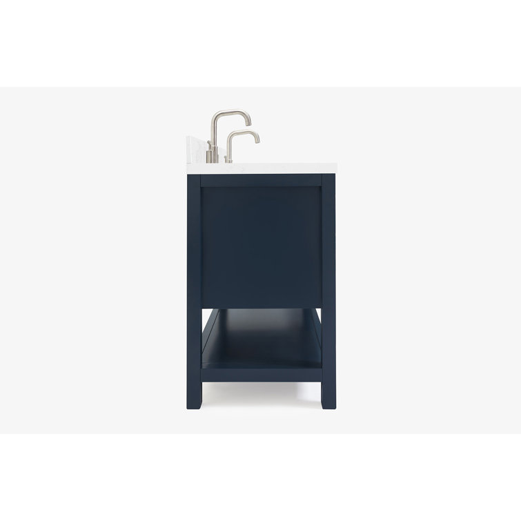 Midnight Blue Solid Wood Double Sink Freestanding Vanity with Quartz Top