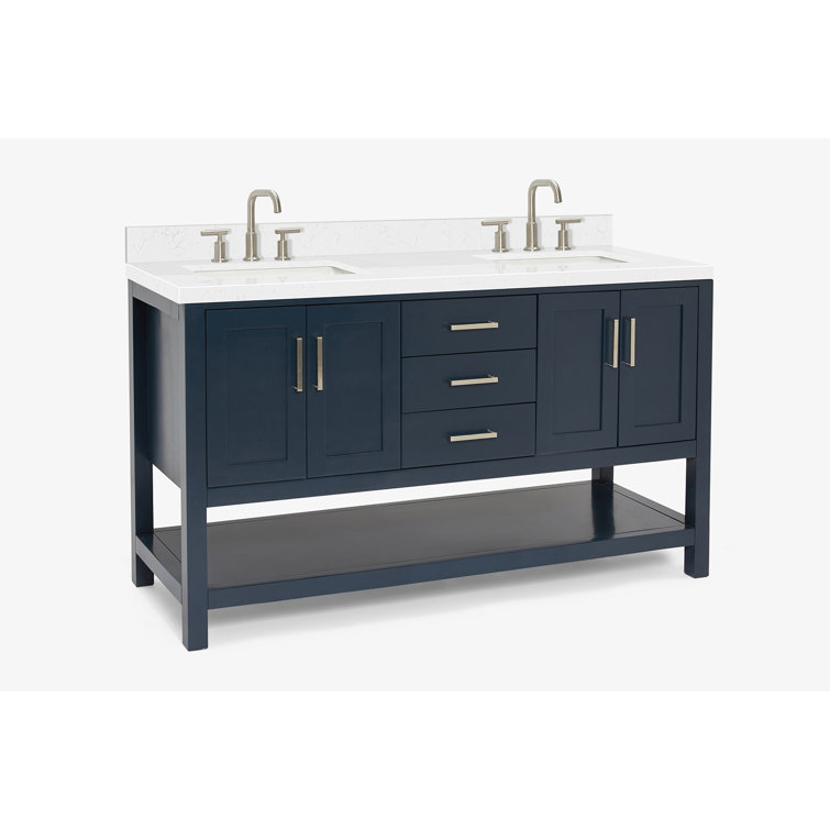 Midnight Blue Solid Wood Double Sink Freestanding Vanity with Quartz Top