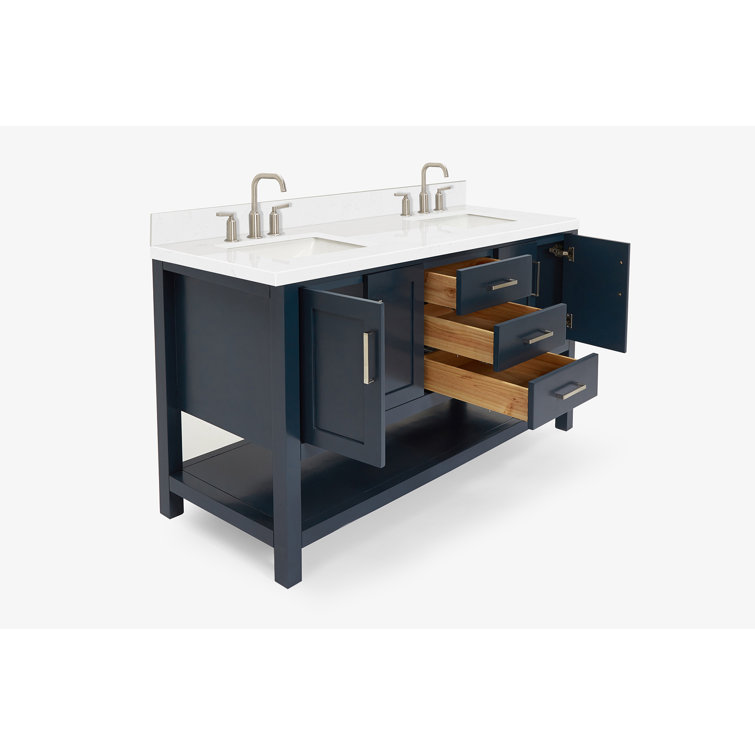 Midnight Blue Solid Wood Double Sink Freestanding Vanity with Quartz Top