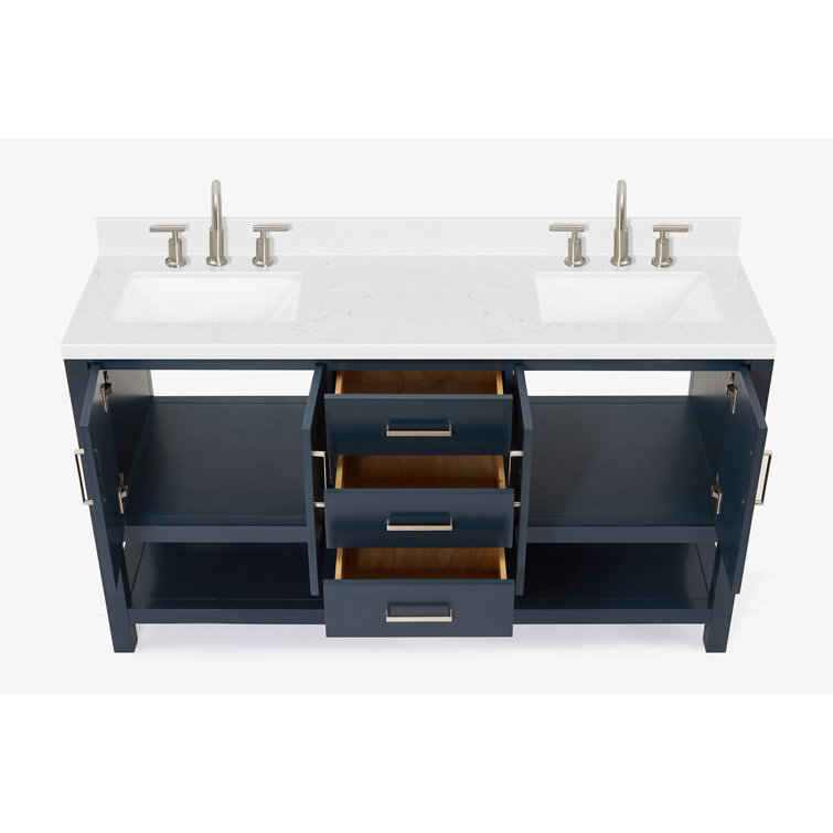 Midnight Blue Solid Wood Double Sink Freestanding Vanity with Quartz Top