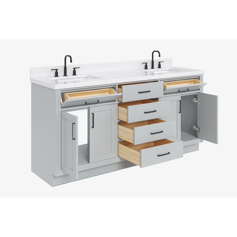 Gray Double Bathroom Vanity with Quartz Top and Storage