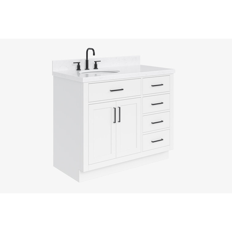 Sidmouth 42'' Solid Wood Single Bathroom Vanity with 1.5'' Carrara Quartz Top, Left Offset Oval Sink