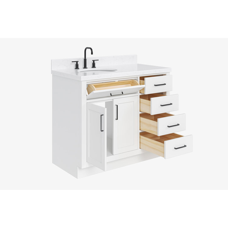Sidmouth 42'' Solid Wood Single Bathroom Vanity with 1.5'' Carrara Quartz Top, Left Offset Oval Sink