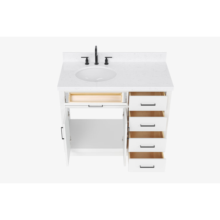 Sidmouth 42'' Solid Wood Single Bathroom Vanity with 1.5'' Carrara Quartz Top, Left Offset Oval Sink