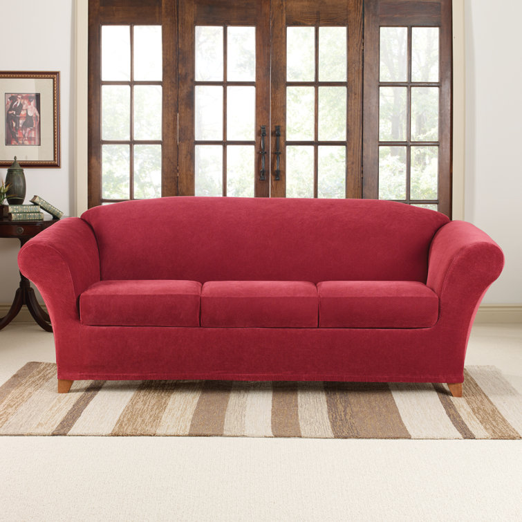 Red Stretch Pique Sofa Slipcover with Cushion Covers