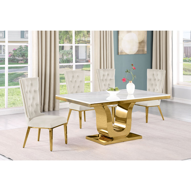 Luxurious Cream Velvet and Gold Marble Top Dining Set