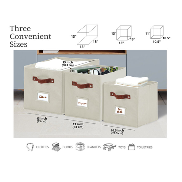 Beige Fabric Cube Storage Bins with Handles, Set of 6