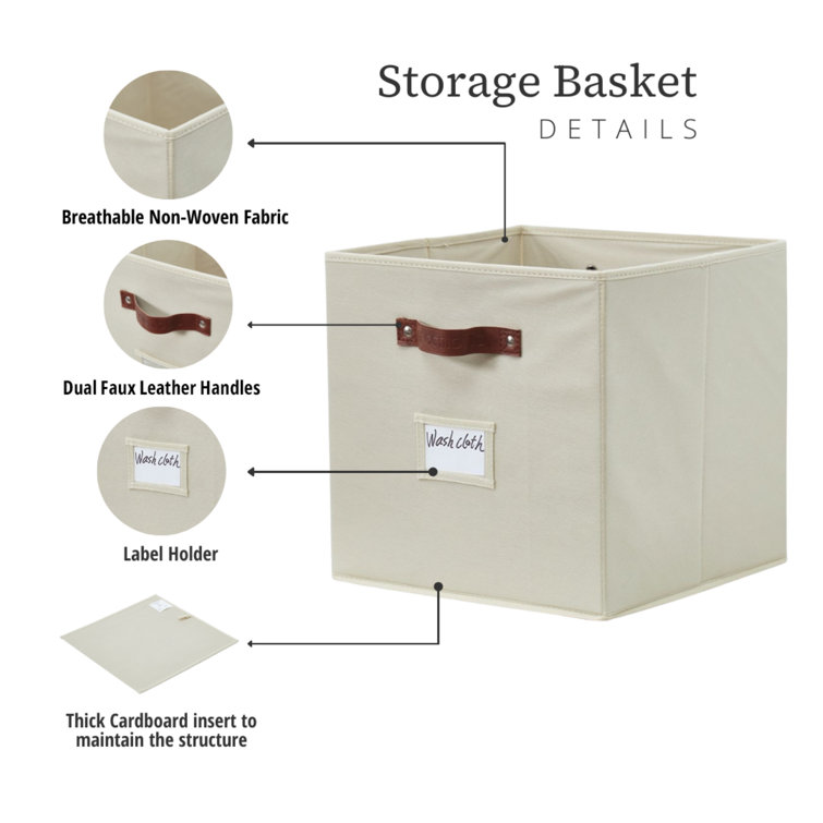 Beige Fabric Cube Storage Bins with Handles, Set of 6