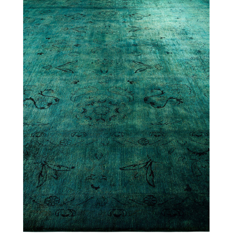 Handmade Blue Floral Wool Rectangular Area Rug 11' 10" x 12' 5"