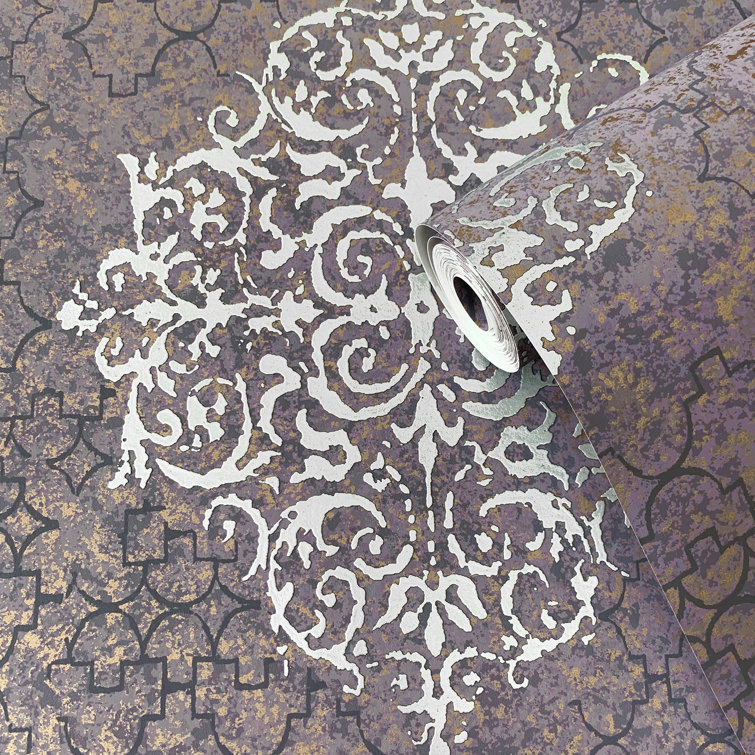Majestic Purple and Silver Embossed Damask Wallpaper Roll