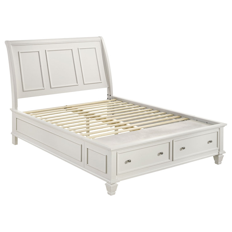 Elegant Transitional Cream White Queen Sleigh Bed with Storage
