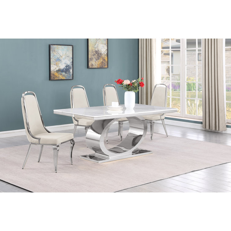 Khiri Cream and Silver Marble Top Pedestal Dining Set