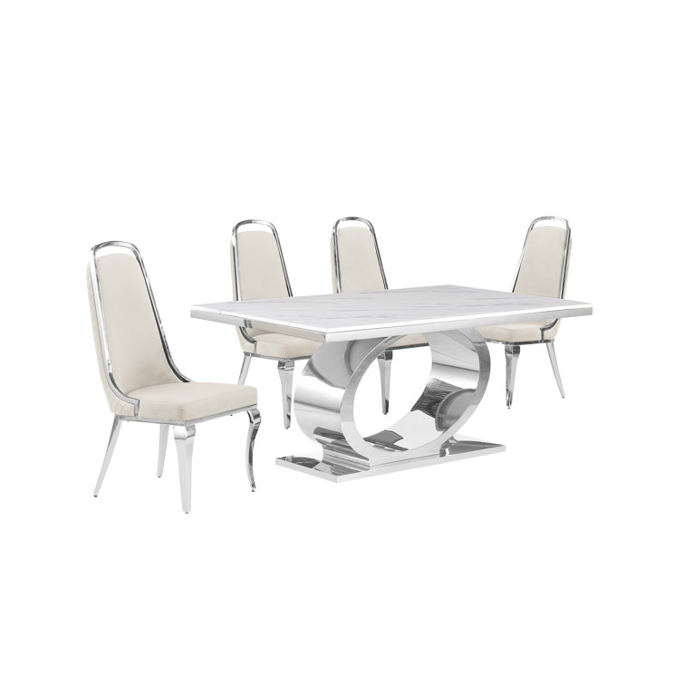 Khiri Cream and Silver Marble Top Pedestal Dining Set